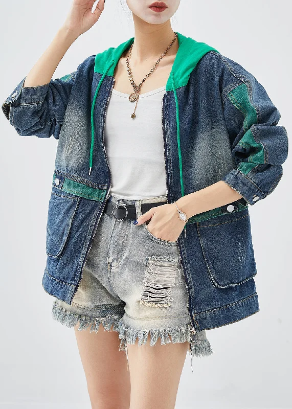 Green Patchwork Denim Coats Hooded Pockets Fall Puff Sleeve Overcoat