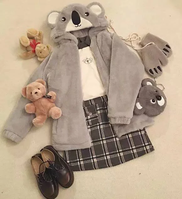 Grey koala ear plush coat YV8071 Casual Denim Jacket