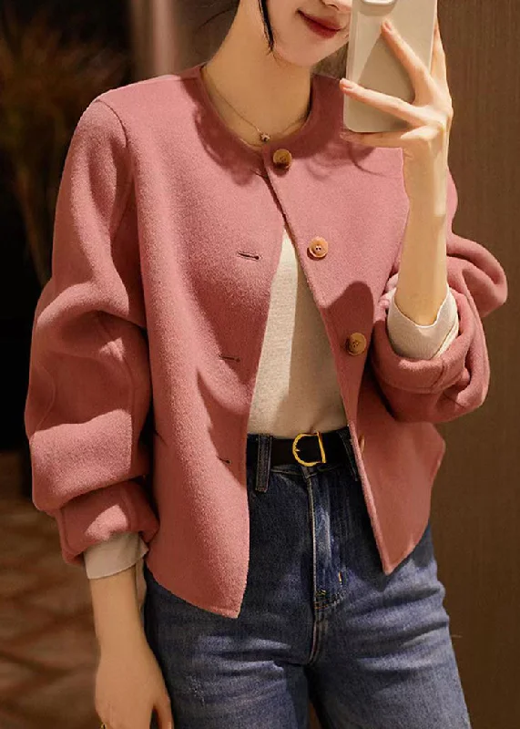 Handmade Pink O Neck Button Patchwork Woolen Coats Winter Ruched Sleeve Blazer