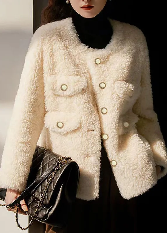 Italian Beige O Neck Pockets Button Patchwork Wool Coats Winter Open-Knit Duster Coat