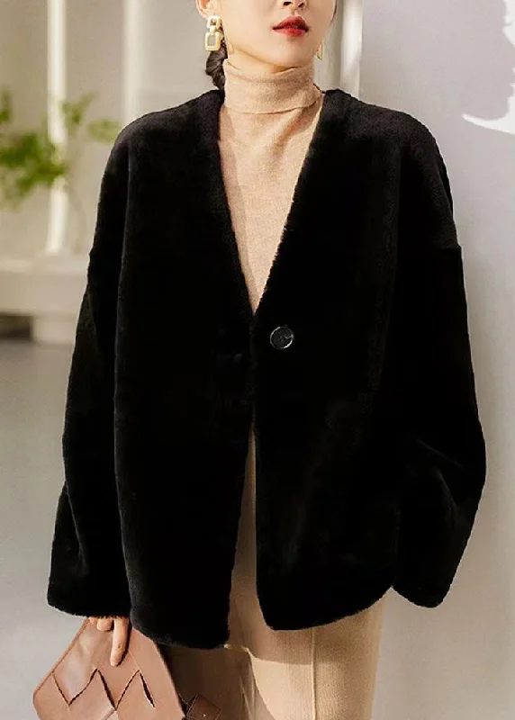 Italian Black V Neck Button Patchwork Wool Coats Winter Polished Tailored Coat