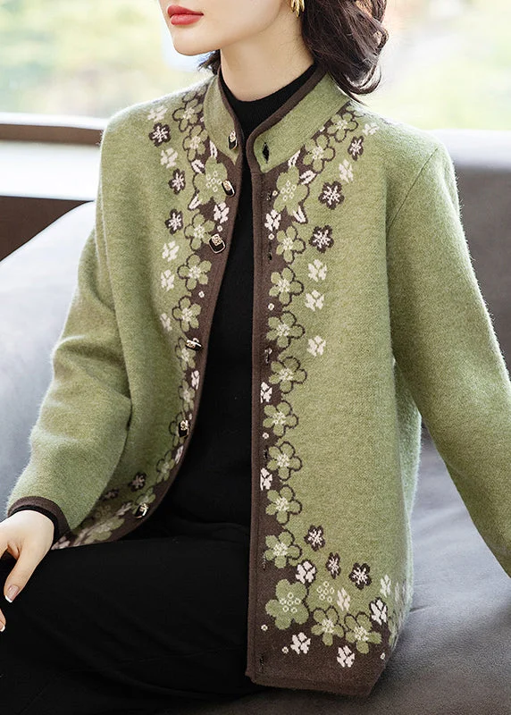 Italian Green Button Print Patchwork Knit Coats Fall Softshell Outdoor Jacket