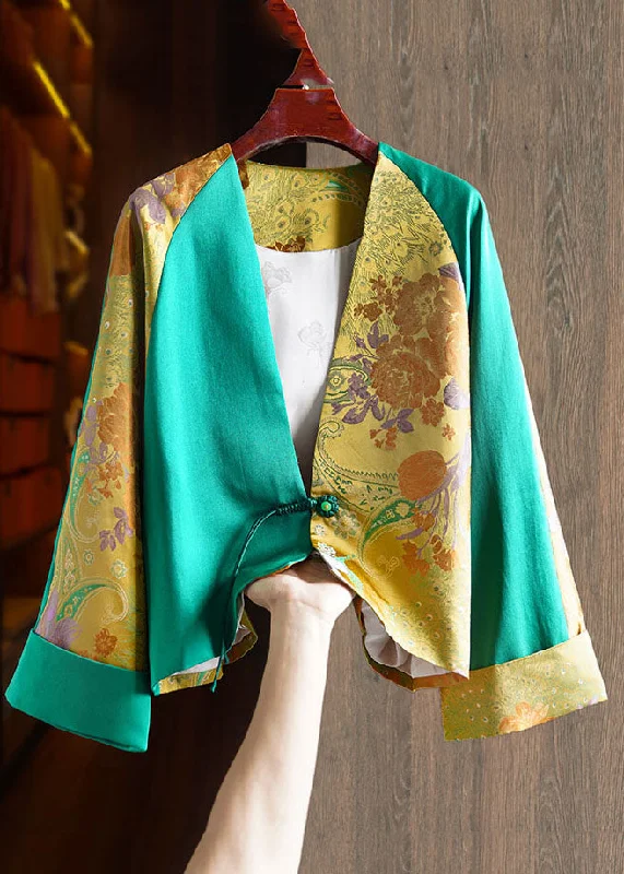 Jacquard Green V Neck Patchwork Button Silk Coats Fall Chic Oversized Blazer