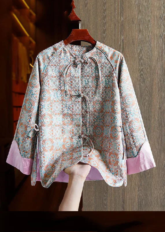 Jacquard Pink Patchwork Side Open Button Silk Coat Fall Insulated Snow Jacket