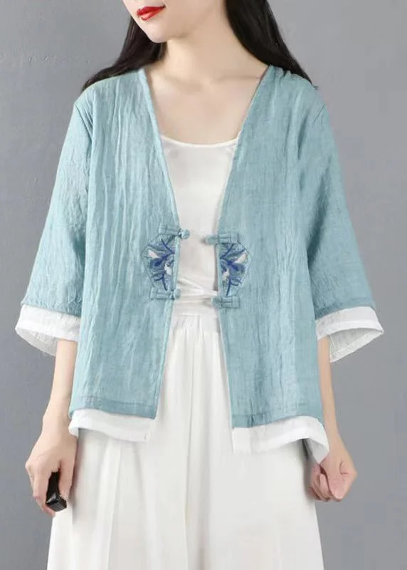 Light Blue Button Patchwork Linen Tops Coats V Neck Half Sleeve Lightweight Utility Jacket