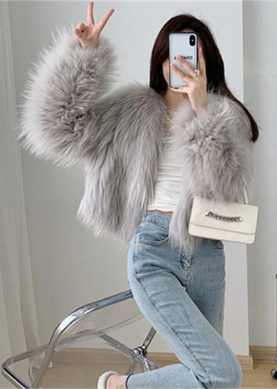 Light Grey Patchwork Faux Fur Coat V Neck Winter Fashionable Blazer Coat