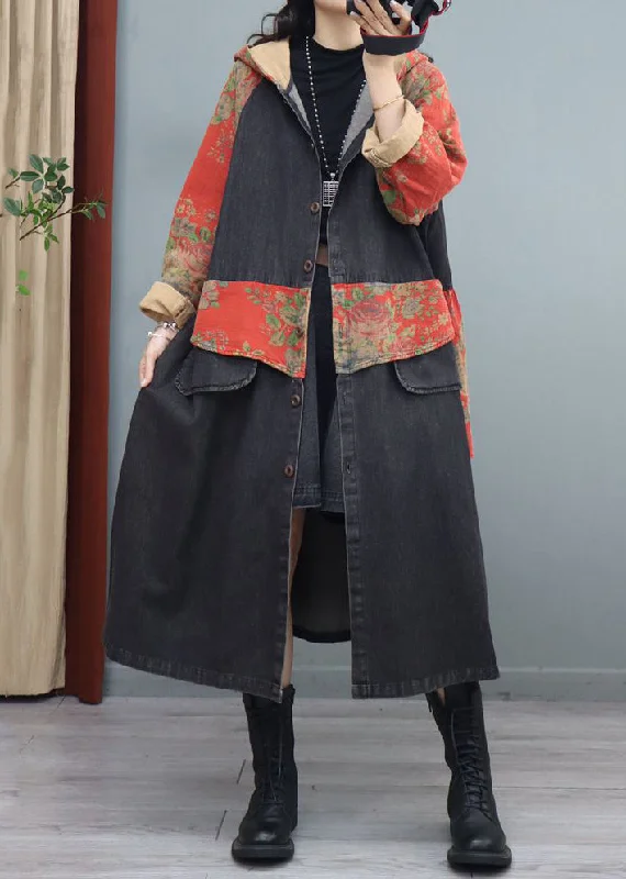 Loose Black Hooded Pockets Patchwork Denim Long Coats Fall Luxury Cashmere Wrap