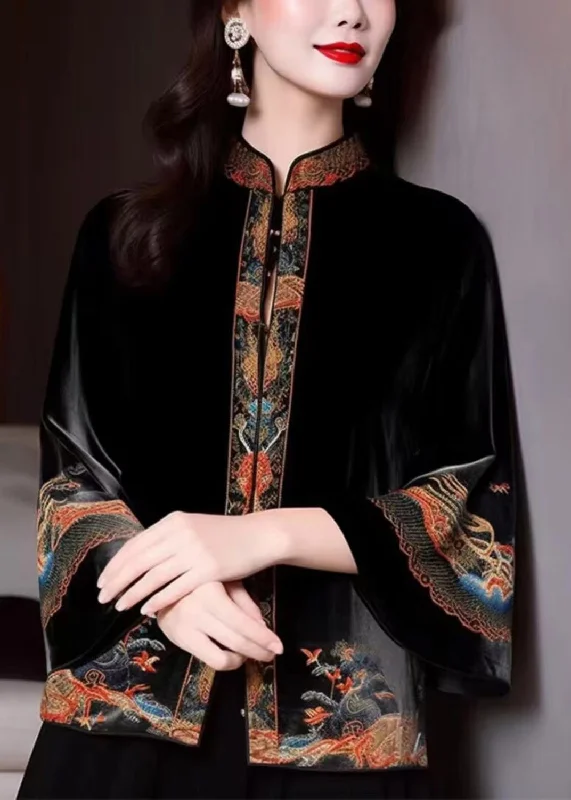 Loose Black Stand Collar Embroideried Silk Velour Coats Flare Sleeve Reversible Quilted Jacket