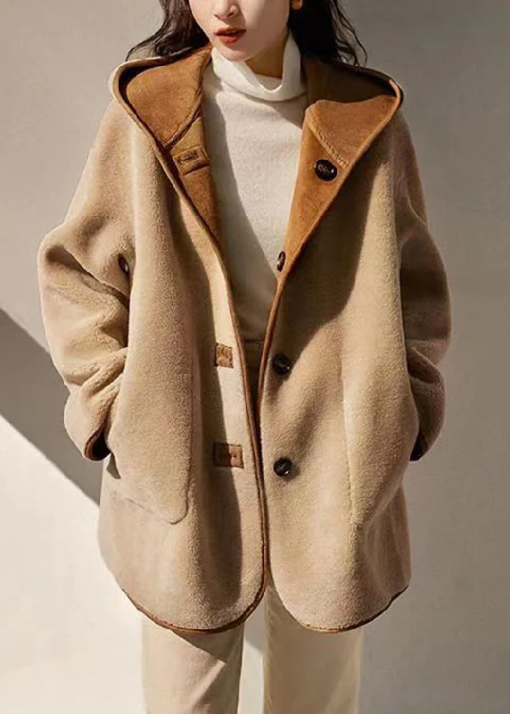 Loose Camel Hooded Pockets Patchwork Wear On Both Sides Woolen Coats Winter Relaxed Utility Shacket