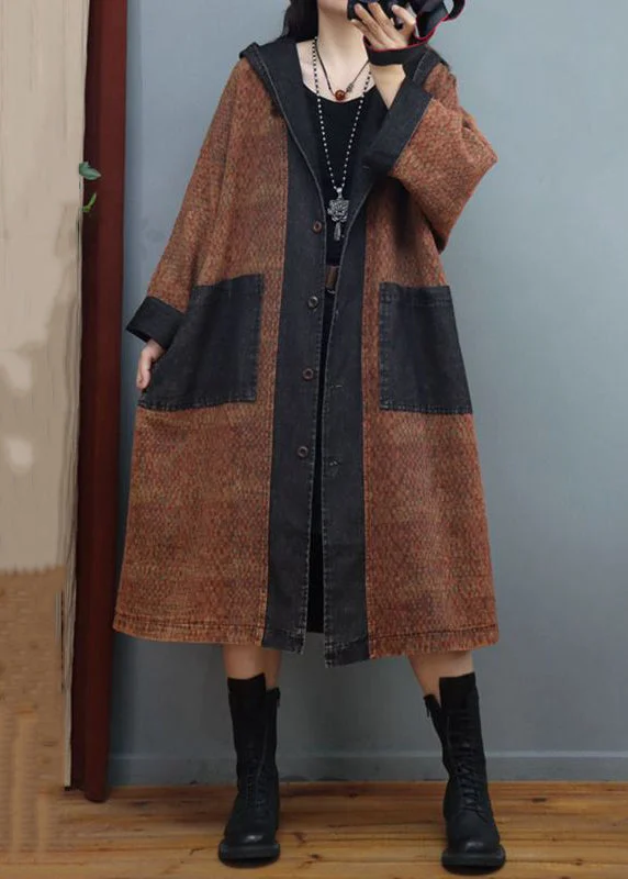 Loose Coffee Hooded Button Denim Patchwork Long Coats Fall Ultra-Light Down Coat