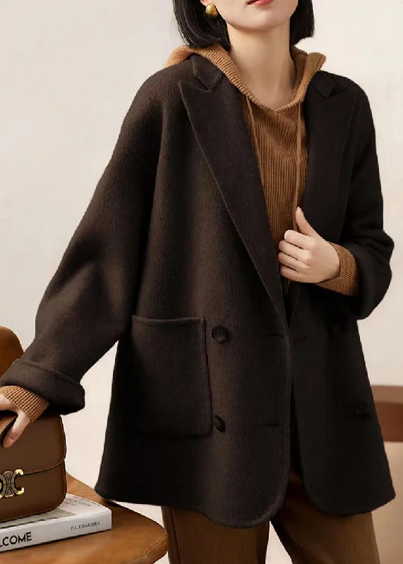 Loose Coffee Peter Pan Collar Pockets Patchwork Woolen Coats Winter Chic Winter Coat