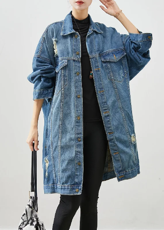 Loose Denim Blue Oversized Pockets Cotton Ripped Coats Fall Fitted Faux Suede Blazer