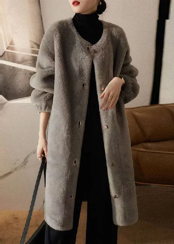 Loose Grey O Neck Pockets Patchwork Wool Coats Winter Puff Shoulder Coat