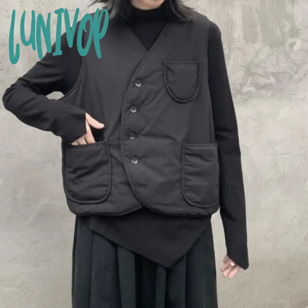 Lunivop Harajuku Fashion Pocket Cotton Vests for Women Autumn New Thicked Warm Tops Y2k Grunge Sleeveless All-match Coats Mujer Black Open-Knit Duster Coat