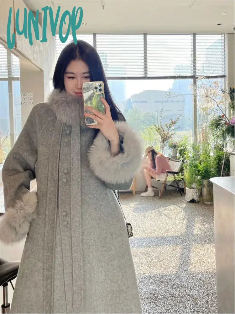 Lunivop Women Long Woolen Coat Faux Fur Collar Warm Coats  Elegant Hepburn Style New Fashion for Autumn and Winter Thick Layered Jacket