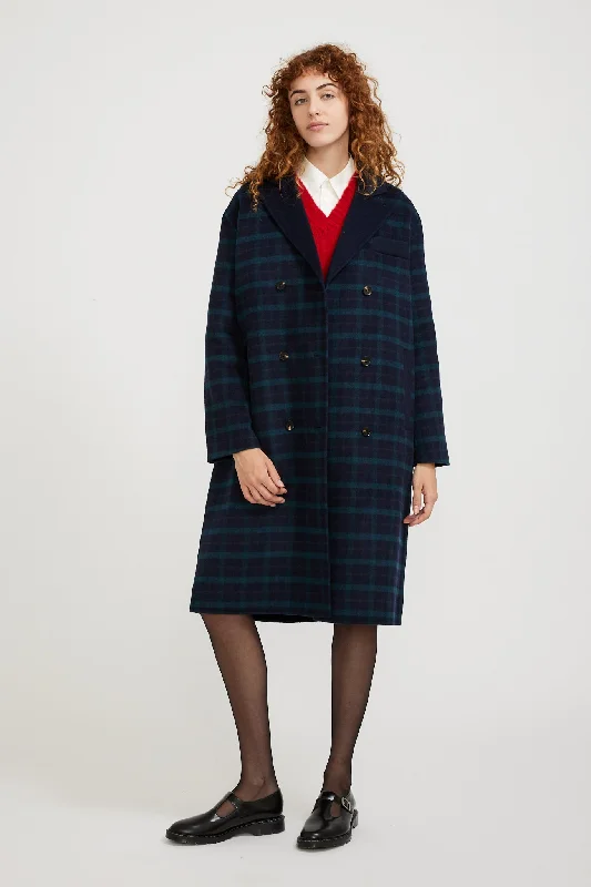 Manine Tartan Coat Navy Classic Trench Coat