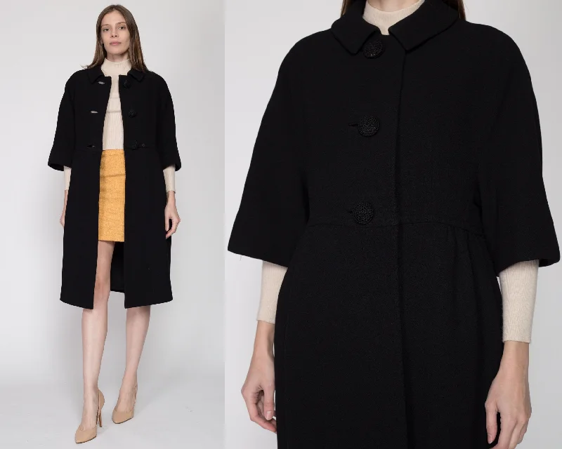 Medium 1950s Black Wool Bubble Coat Vegan Leather Trench