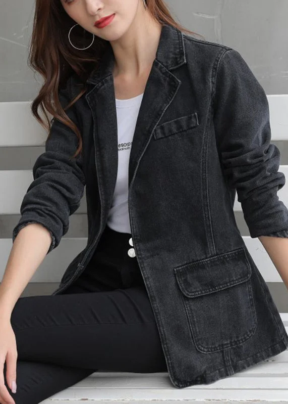 Modern Black Notched Pockets Patchwork Denim Coats Long Sleeve Zipper Front Biker Jacket