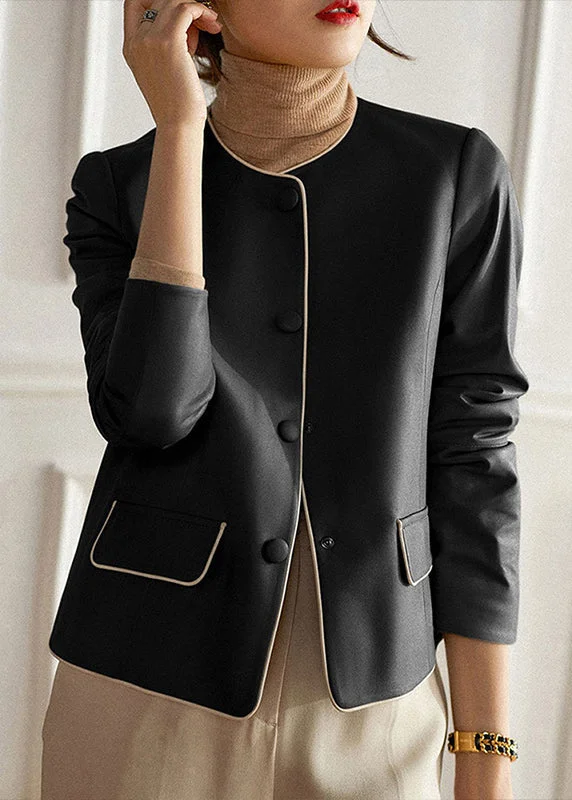 Modern Black O Neck Button Patchwork Sheepskin Coats Fall Structured Wool Blazer