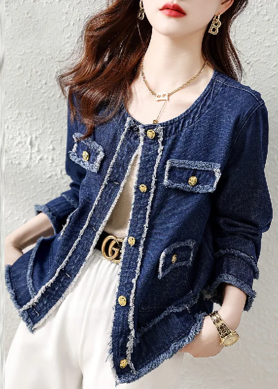 Natural Denim Blue O-Neck Patchwork Button Coat Long Sleeve Chic Oversized Blazer