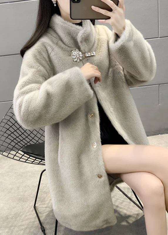 New Grey Stand Button Collar Patchwork Fuzzy Fur Fluffy Coats Winter Sporty Zip-Up Jacket