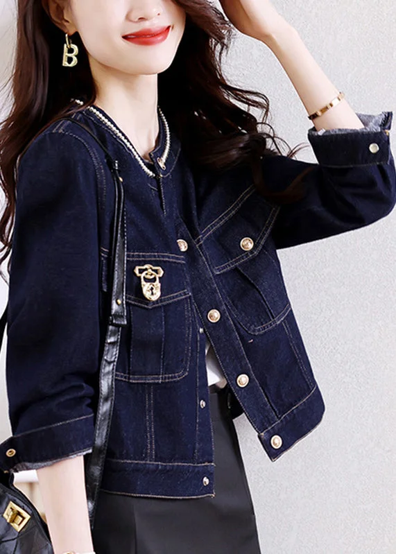 Novelty Dark Blue Patchwork Button Denim Coats Fall Elegant Cape Blazer