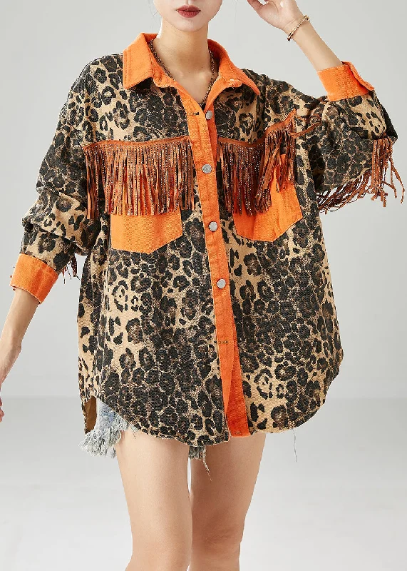 Orange Patchwork Cotton Coats Tasseled Leopard Print Fall Warm Down Parka