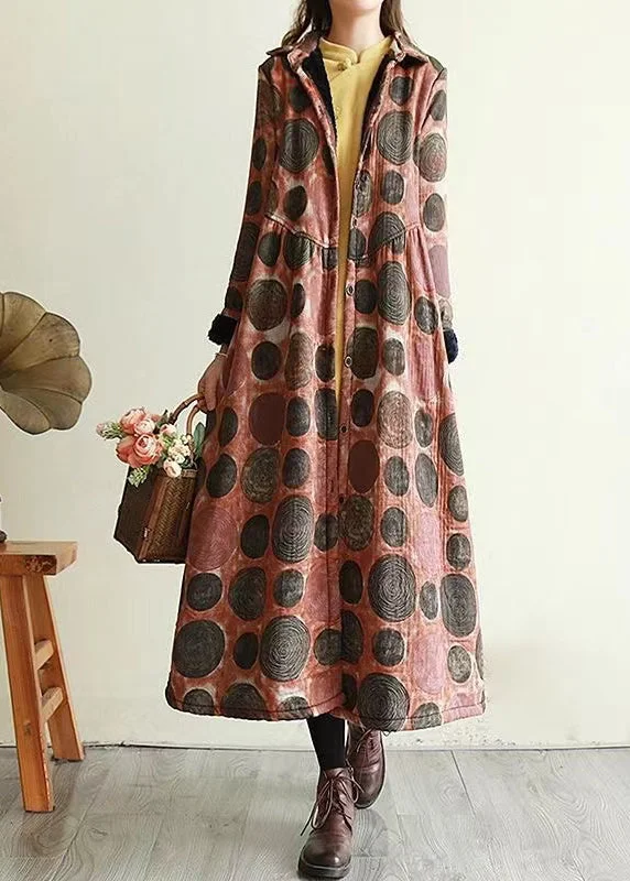 Organic Orange Peter Pan Collar Pockets Print Warm Fleece Coats Winter Classic Riding Jacket