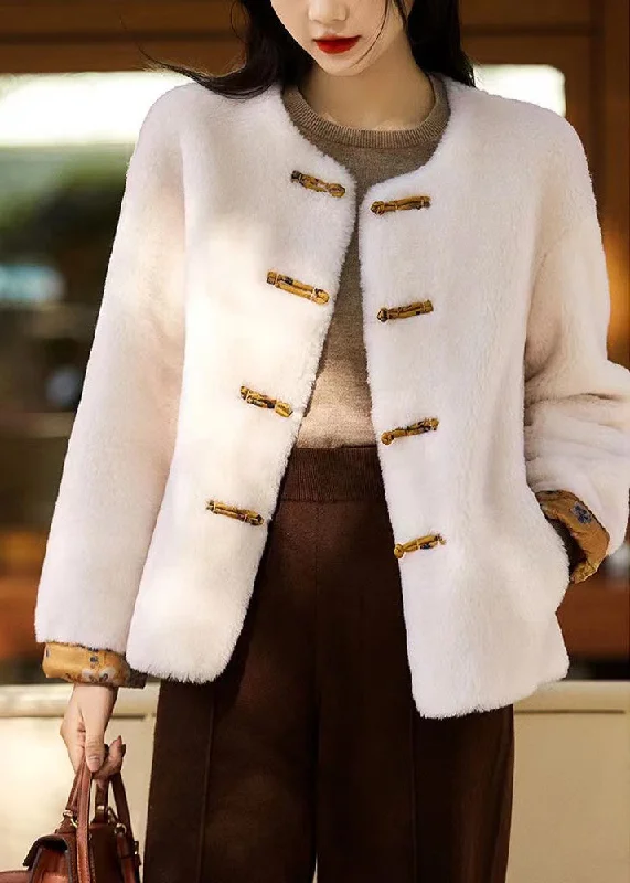 Original White O Neck Chinese Button Patchwork Wool Coats Winter Fur-Lined Aviator Coat