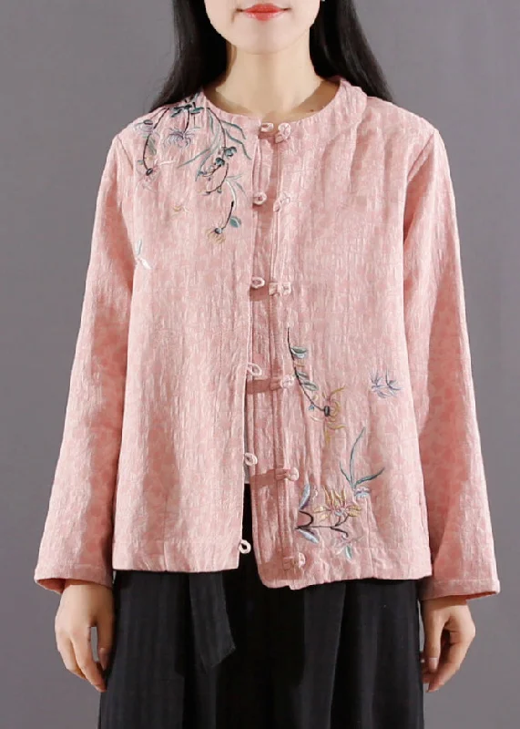 Pink Chinese Button Patchwork Cotton Coat Jacquard Long Sleeve Belted Wool Overcoat