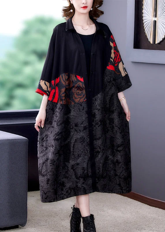 Plus Size Black Print Button Patchwork Cotton Long Coats Fall Oversized Teddy Coat