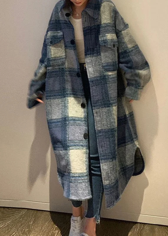 Plus Size Blue Peter Pan Collar Pockets Plaid Woolen Long Coats Fall Polished Tailored Coat