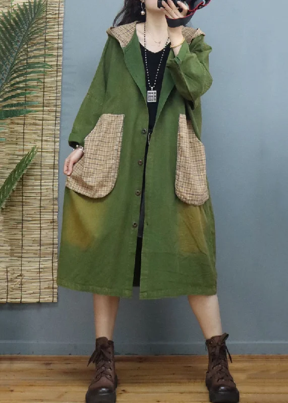 Plus Size Green Plaid Pockets Patchwork Cotton Coats Fall Fur-Trimmed Winter Coat