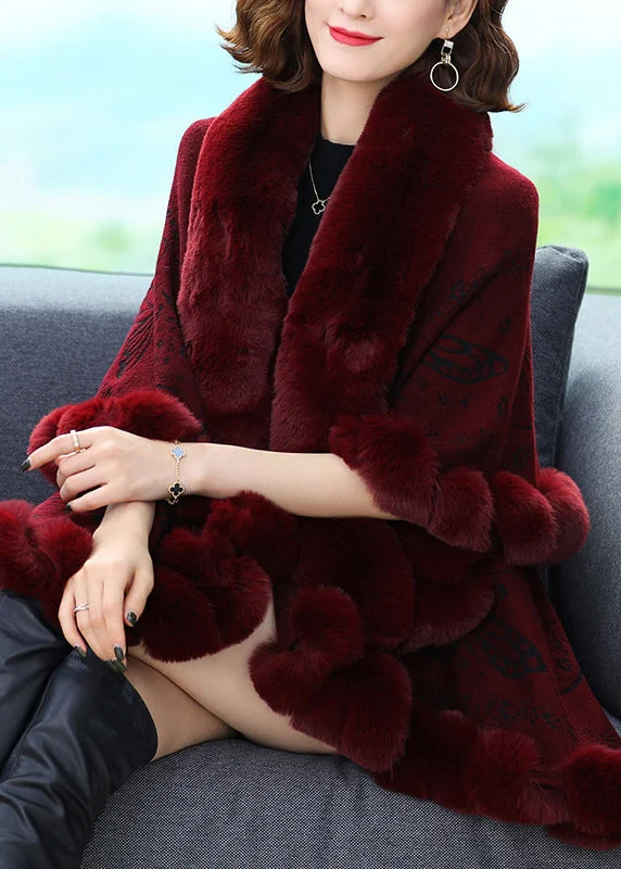 Plus Size Wine Red Fur Collar Print Patchwork Woolen Coat Fall Vintage Suede Jacket