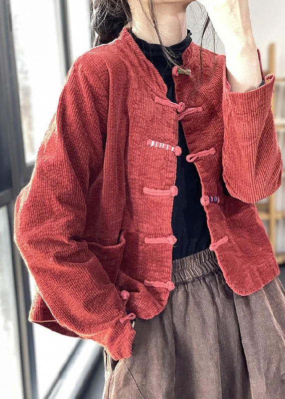 Red Button Thick Corduroy Coat Long Sleeve Boho Fringe Cardigan