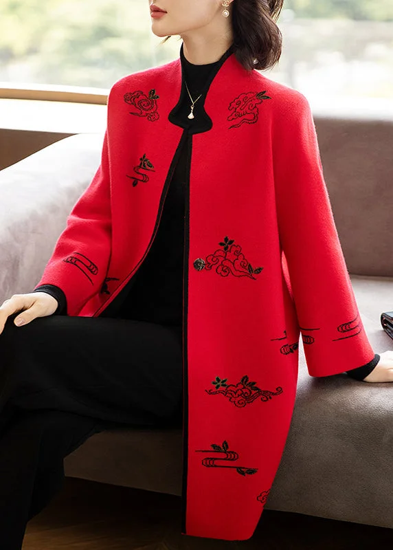 Red Embroideried Stand Collar Patchwork Wool Coats Stand Collar Long Sleeve Padded Ski Jacket