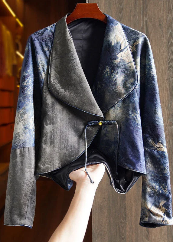 Retro Blue Notched Tassel Button Silk Coat Fall Adjustable Waist Parka