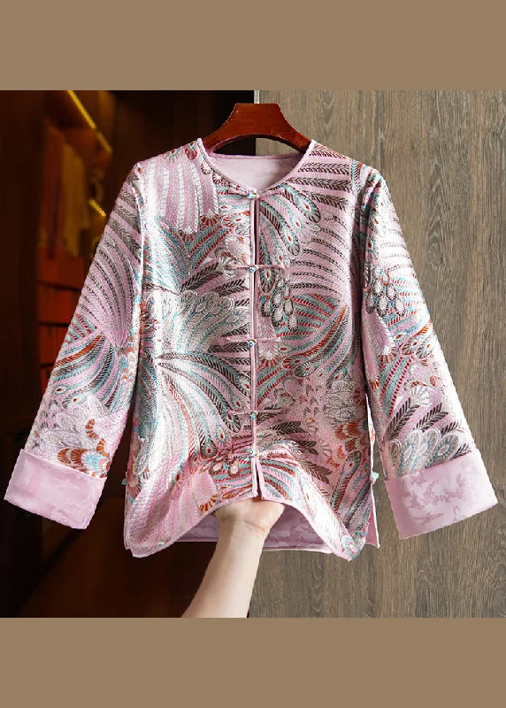 Retro Pink Embroideried Chinese Button Patchwork Silk Coats Fall Chic Winter Coat