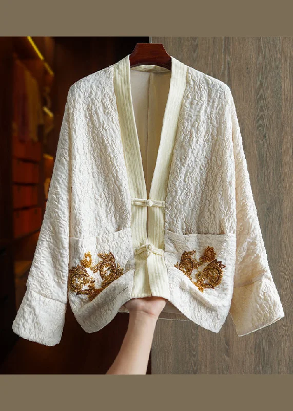 Simple Apricot V Neck Jacquard Nail Bead Patchwork Silk Coat Fall Fashionable Blazer Coat