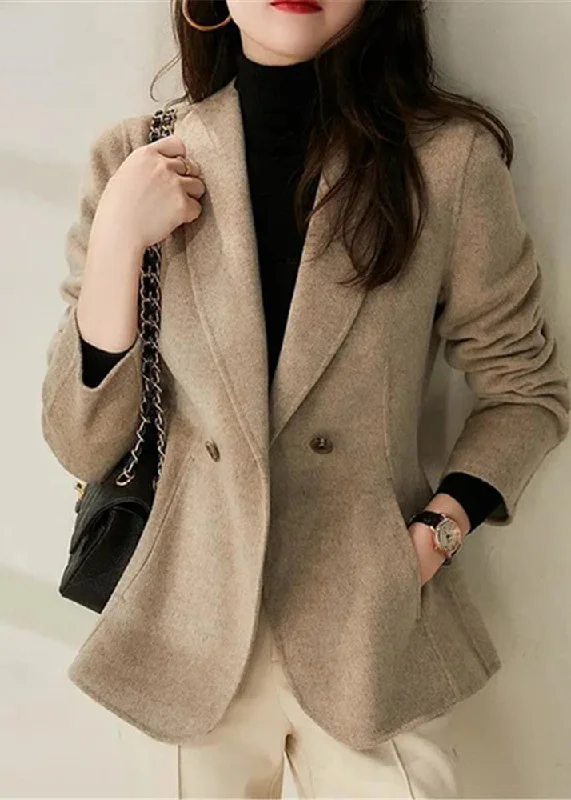 Simple Beige Peter Pan Collar Slim Fit Double Breast Woolen Coats Fall Thick Layered Jacket