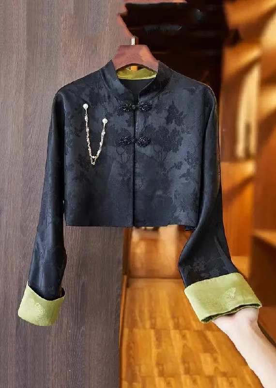 Slim Fit Black Stand Collar Embroideried Button Silk Linen Coat Long Sleeve Suede Fringe Jacket