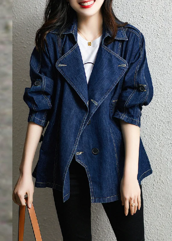 Style Blue Notched Patchwork Button Denim Coats Fall Draped Collar Cardigan