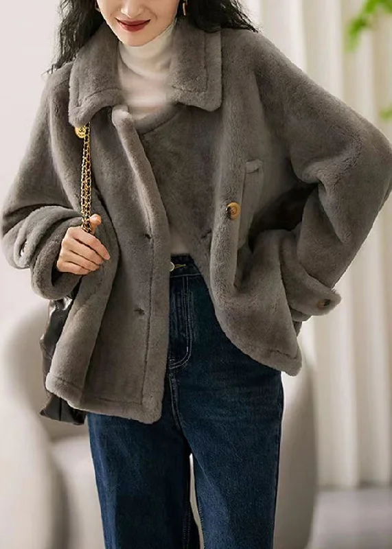 Stylish Grey Peter Pan Collar Pockets Patchwork Wool Coats Winter Stretch Fit Moto Jacket