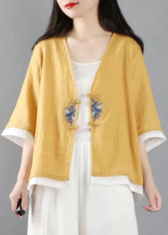 Stylish Yellow Embroideried Patchwork Cotton Tops Coats Summer Fuzzy Sherpa Pullover