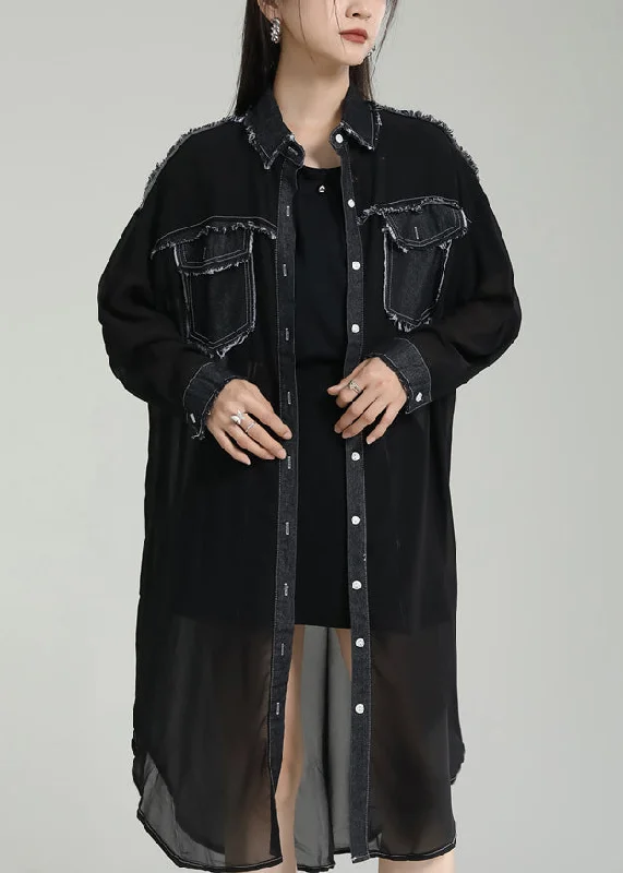 Unique Black Peter Pan Collar Pockets Patchwork Chiffon UPF 50+ Coats Summer Waterproof Rain Jacket