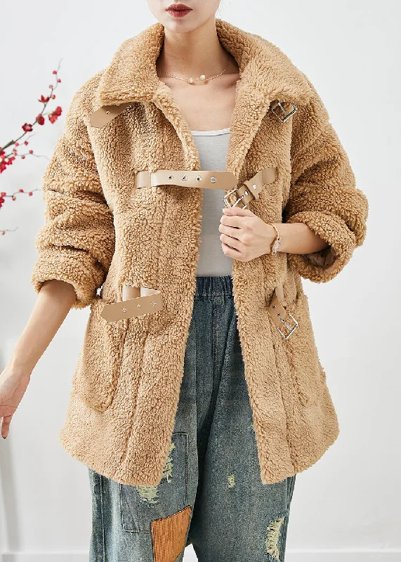 Unique Khaki Peter Pan Collar Pockets Faux Fur Teddy Coats Winter Belted Crossover Blazer