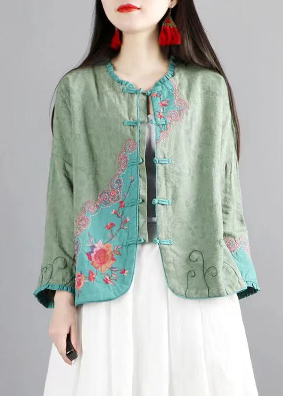 Vintage Green Ruffled Embroideried Chinese Button Cotton Coats Spring Drape Front Waterfall Coat