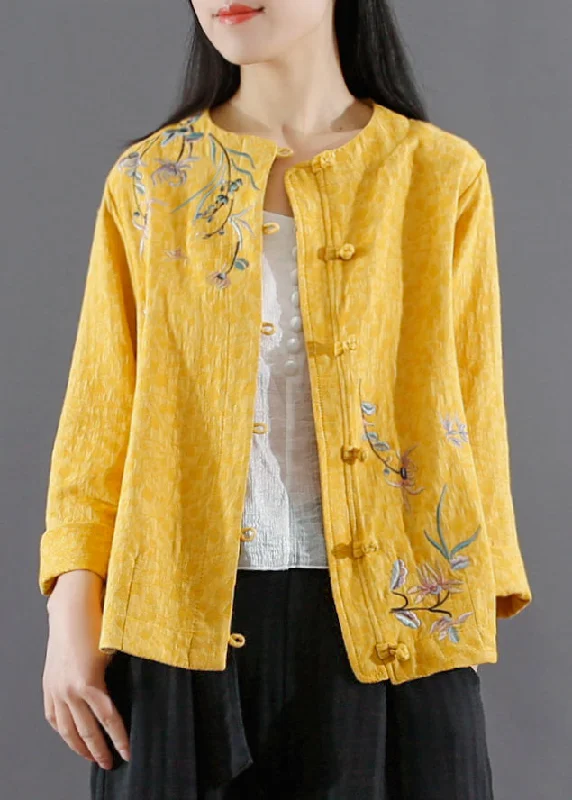 Vintage Yellow Embroideried Button Patchwork Cotton Coats Fall Vintage Suede Jacket