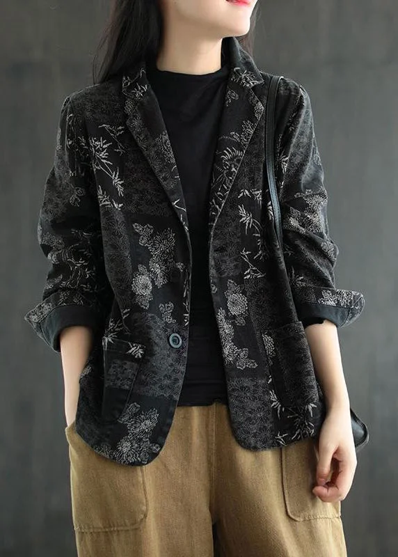 Vogue Black Notched Print Denim Coats Fall Buttoned Peplum Coat