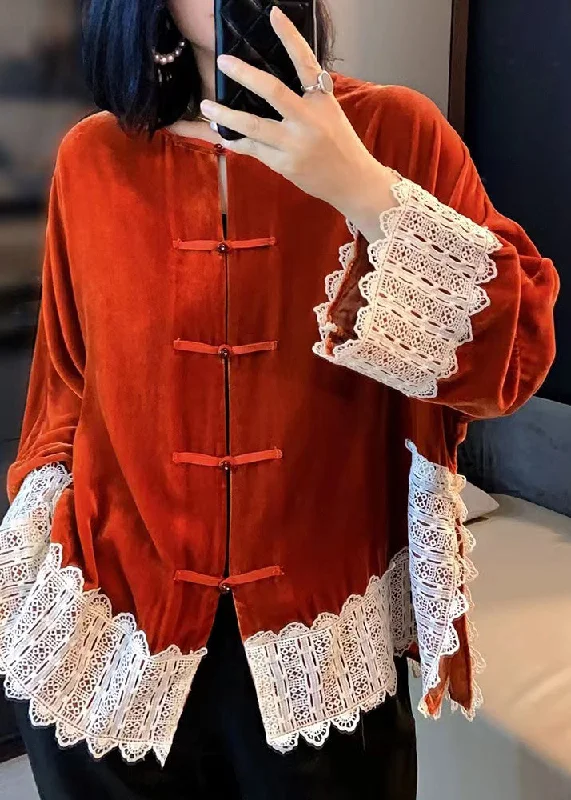 Orange O-Neck Floral Lace Patchwork Silk Velour Coats Fall Casual Open-Front Coat